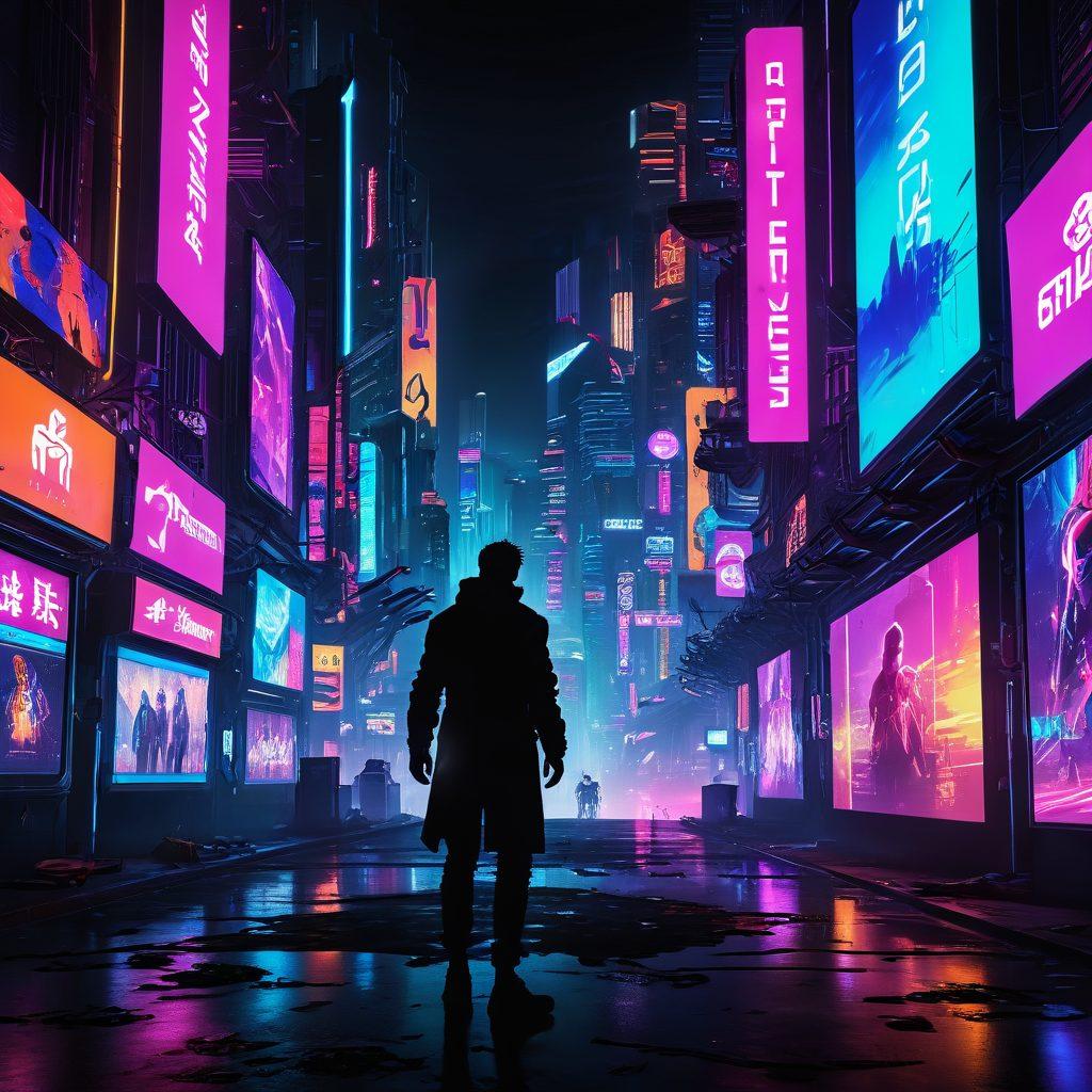 A dark and moody scene featuring a mysterious figure silhouetted against a neon-lit cityscape, surrounded by screens displaying various game trailers and cryptic fan theories. Incorporate elements of gaming such as controllers and glowing symbols in the background, evoking intrigue and excitement. Include a shadowy atmosphere with hints of adventure and suspense. cyberpunk. vibrant colors. 3D.