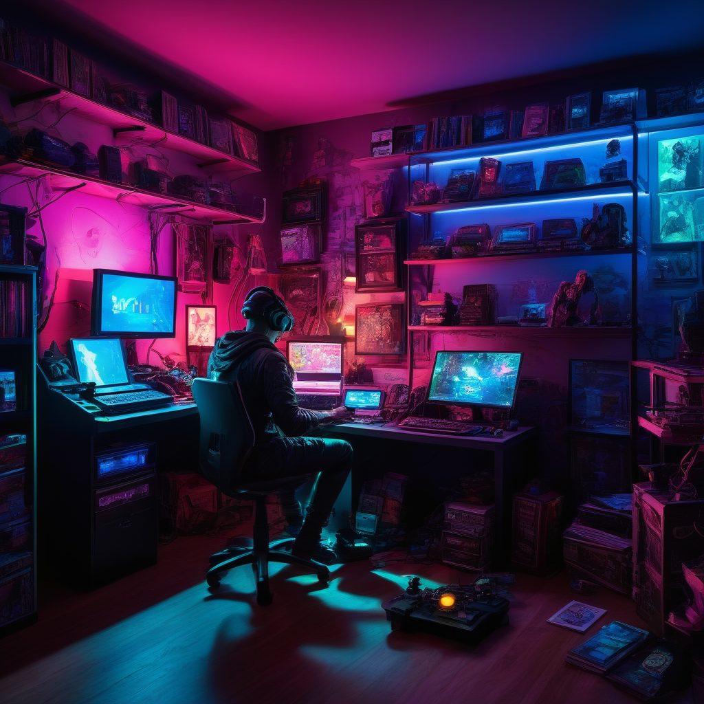 A shadowy figure sitting in front of multiple glowing computer screens displaying video game scenes and news articles, surrounded by gaming paraphernalia like controllers and action figures. The setting should have an ominous but intriguing atmosphere, with hints of neon lights casting dramatic shadows. Include elements of geek culture like comic books or retro games in the background. cyberpunk. vibrant neon colors. moody lighting.