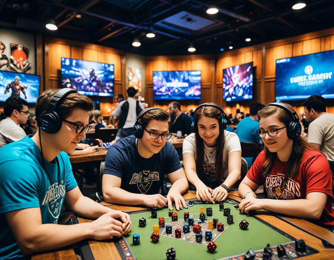 A vibrant, dynamic scene featuring a diverse group of gamers engaged in various activities: a cosplayer in a detailed costume striking a heroic pose, an intense esports match on a large screen with cheering fans, and a tabletop game with intricate miniatures and colorful dice on a wooden table. The background should blend elements of a gaming convention and a cozy game room, filled with posters and character art. This collage captures the essence of the gamer lifestyle in a lively atmosphere. super-realistic. vibrant colors. 3D.